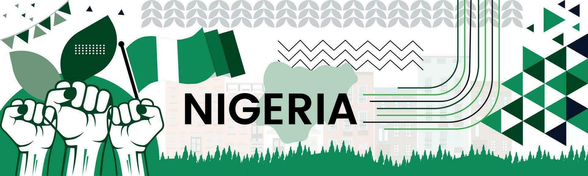 Nigeria carta geografica e sollevato pugni. nazionale giorno o indipendenza giorno design per Nigeria celebrazione. moderno retrò design con astratto icone. vettore illustrazione.