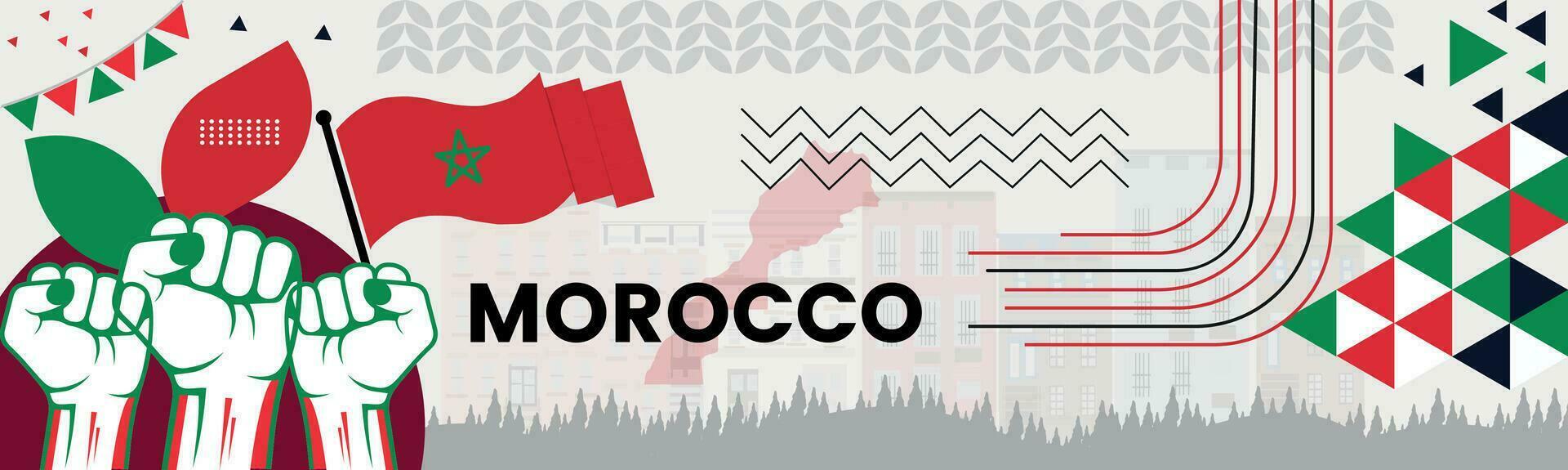 Marocco carta geografica e sollevato pugni. nazionale giorno o indipendenza giorno design per Marocco celebrazione. moderno retrò design con astratto icone. vettore illustrazione.