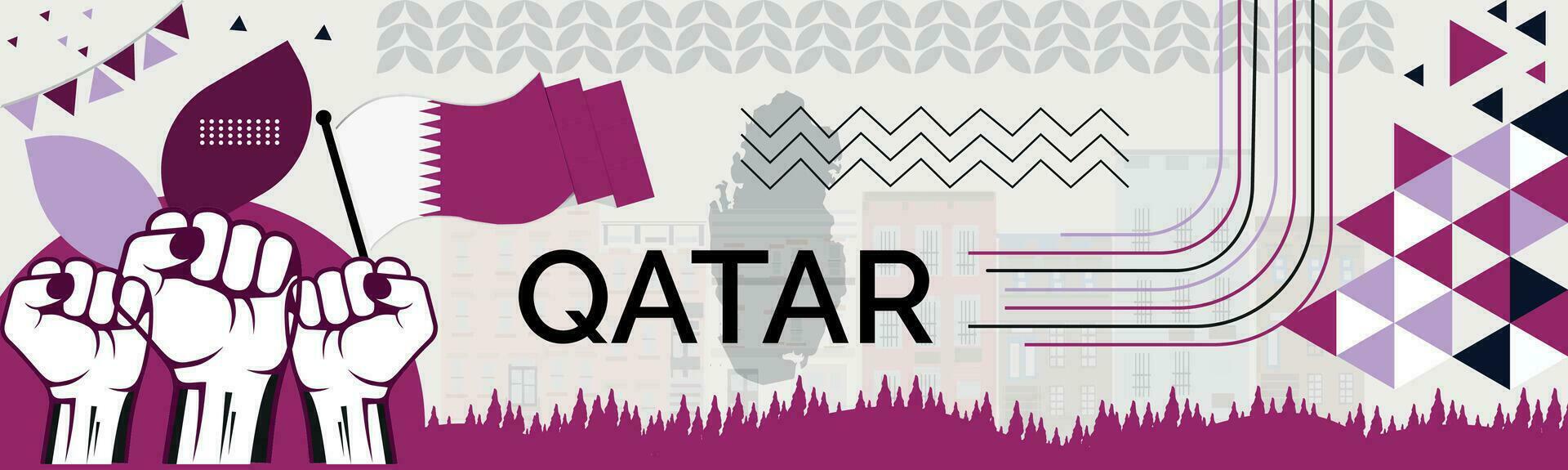 Qatar carta geografica e sollevato pugni. nazionale giorno o indipendenza giorno design per Qatar celebrazione. moderno retrò design con astratto icone. vettore illustrazione.