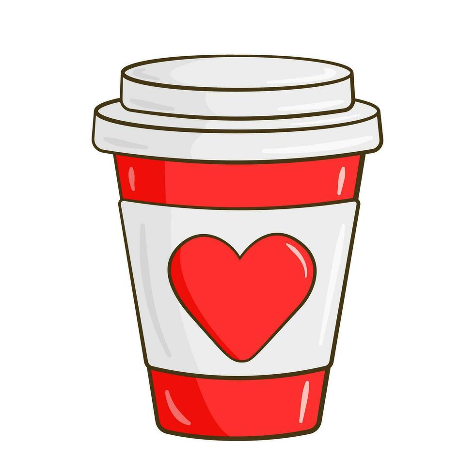 un' plastica tazza con un' rosso cuore su il etichetta. cartone animato vettore