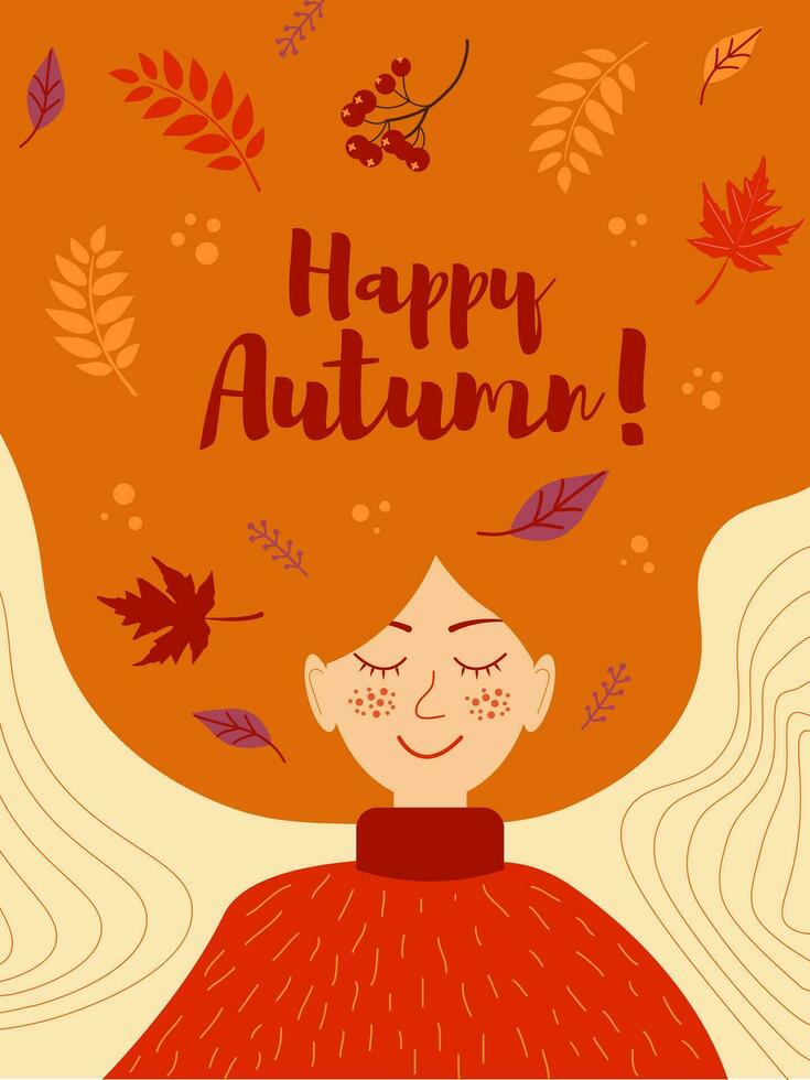 autunno vettore illustrazione con donna con le foglie nel capelli. contento autunno frase.
