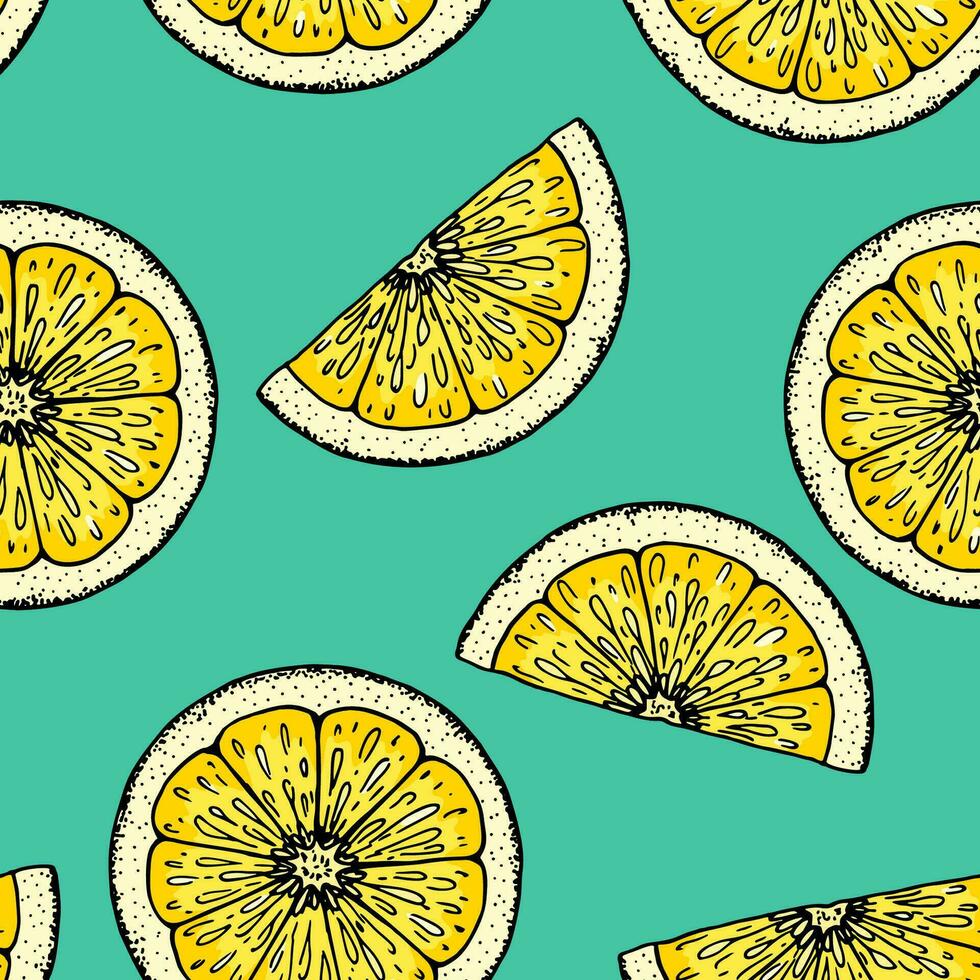 Limone fetta senza soluzione di continuità modello. colorato mano disegnato vettore illustrazione nel schizzo stile. tropicale esotico agrume frutta estate sfondo