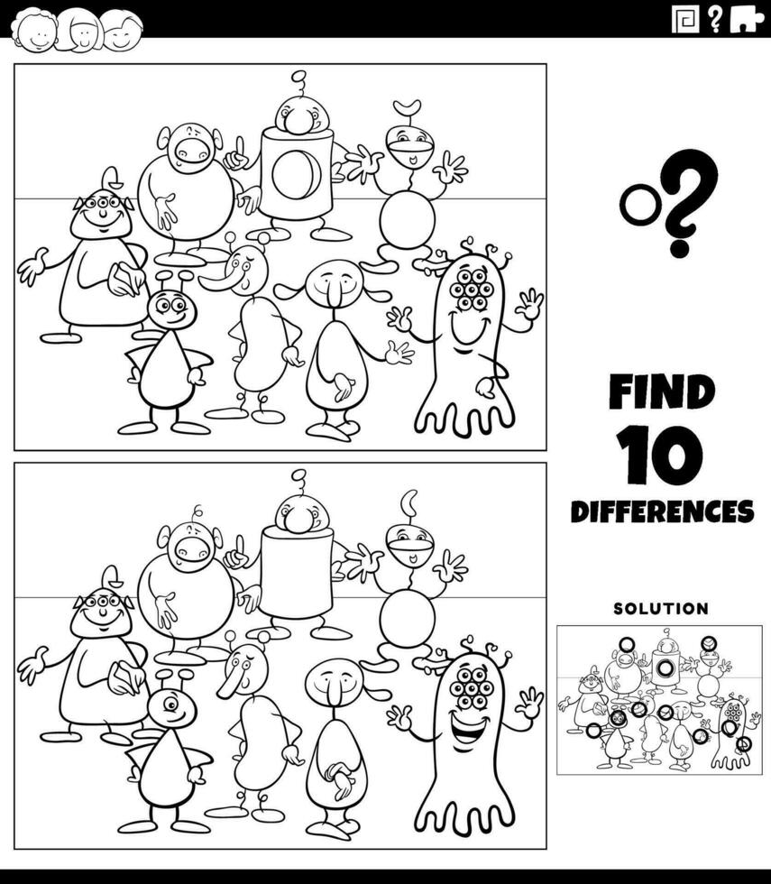 differenze gioco con cartone animato alieni o mostri colorazione pagina vettore