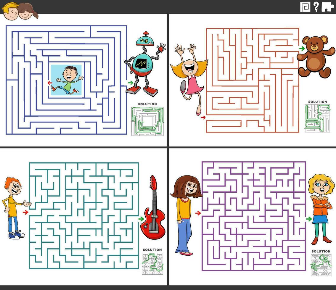 labirinto attività impostato con cartone animato bambini e adolescenti vettore