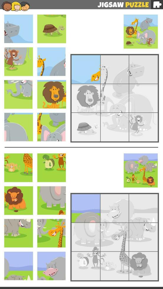 sega puzzle Giochi impostato con cartone animato selvaggio animale personaggi vettore