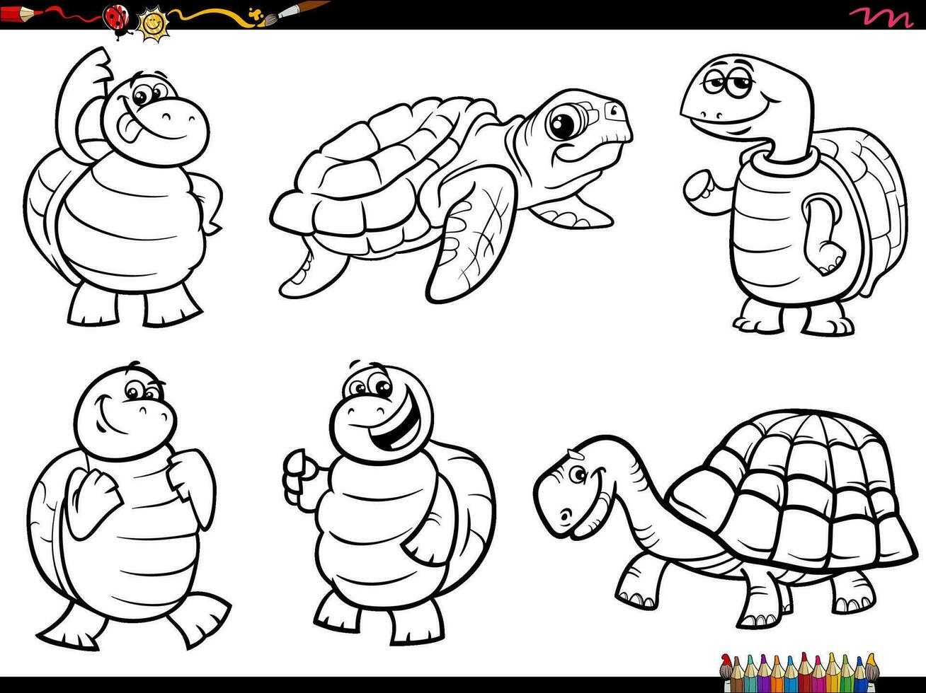 cartone animato tartarughe animale personaggi impostato colorazione pagina vettore