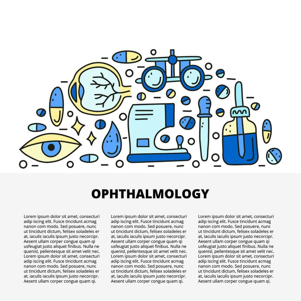 articolo modello con spazio per testo e scarabocchio oftalmologia icone. vettore