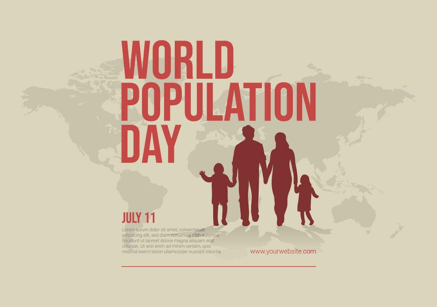 semplice pulito mondo popolazione giorno bandiera con famiglia silhouette e mondo carta geografica sfondo concetto vettore