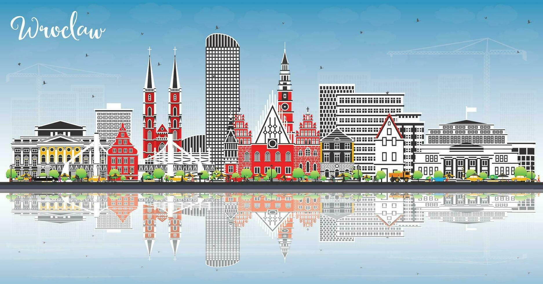 Breslavia Polonia città orizzonte con colore edifici, blu cielo e riflessi. Breslavia paesaggio urbano con punti di riferimento. vettore