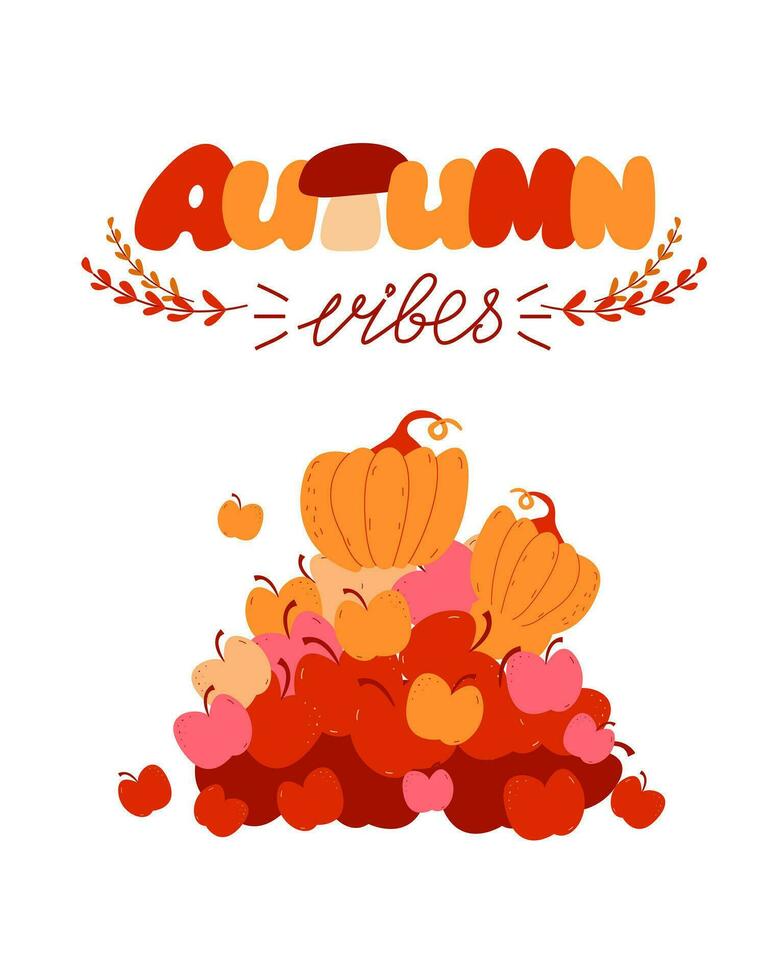 autunno vibrazioni. mano disegnato vettore carta con mele, zucche e rami.
