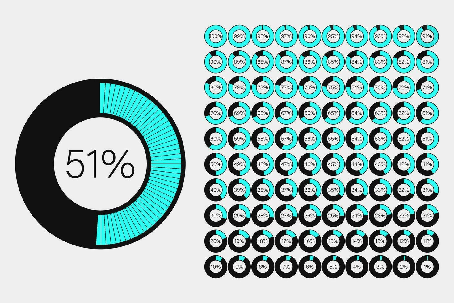 impostato di cerchio percentuale progresso bar diagrammi metri a partire dal 1 per 100 pronto per uso per ragnatela disegno, utente interfaccia ui o infografica, indicatore con verde, cerchio percentuale vettore