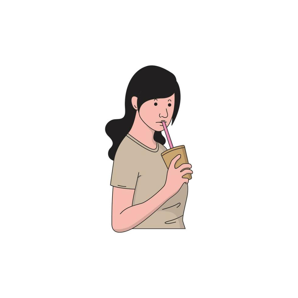 un' donna con lungo capelli è potabile ghiacciato caffè vettore