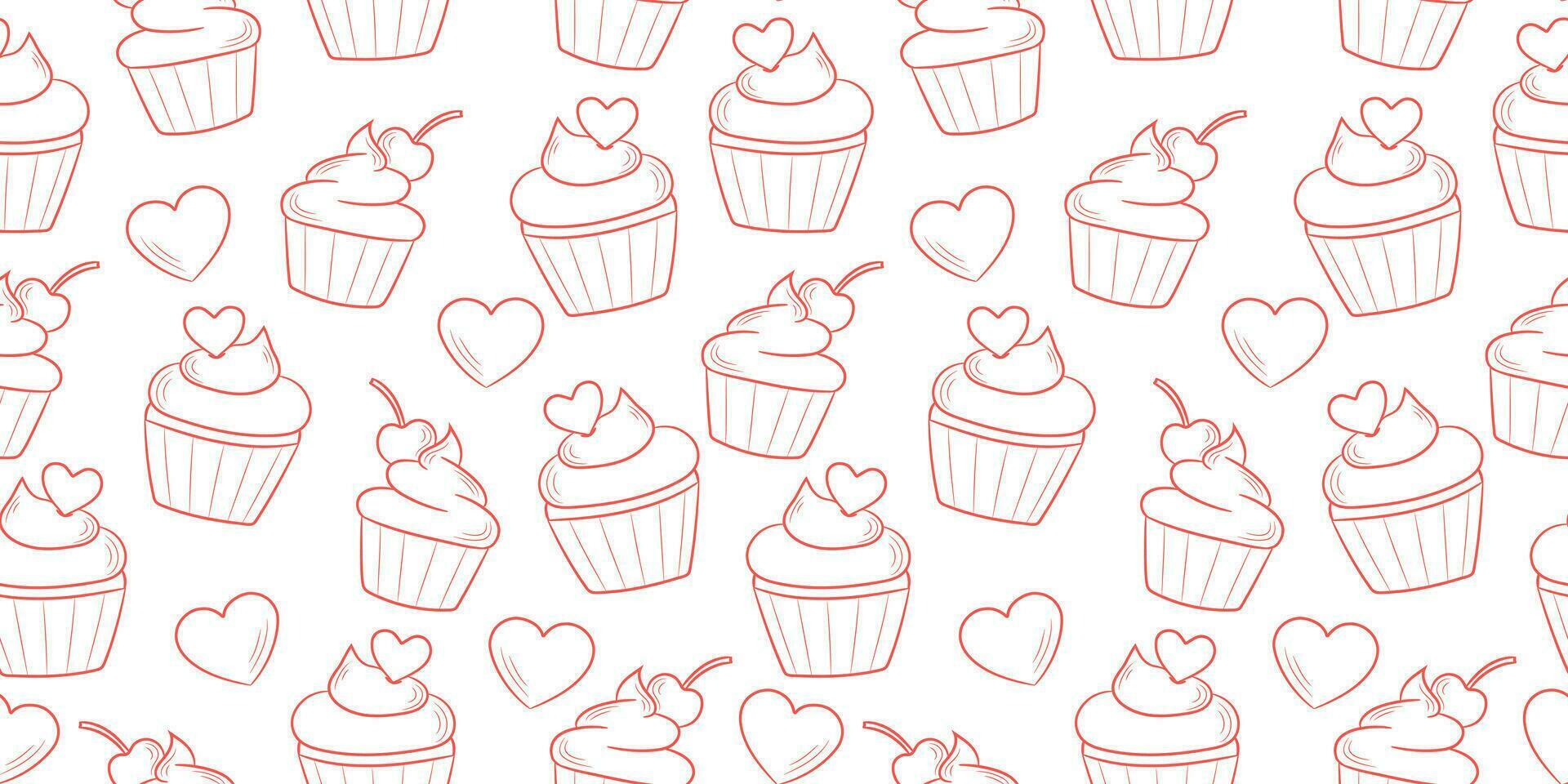 carino linea arte Cupcake modello con cuori, isolato su bianca sfondo, senza soluzione di continuità ripetendo sfondo vettore