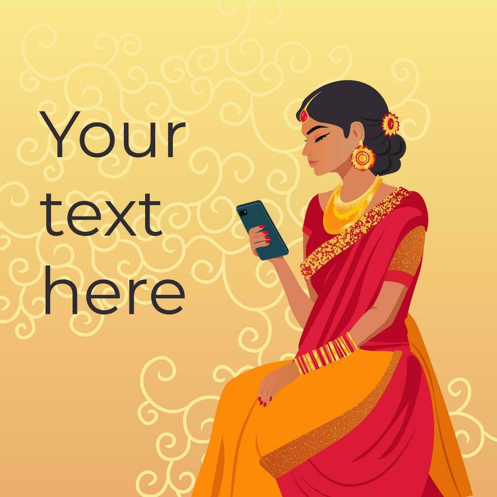 bandiera indiano ragazza guardare e Tenere sua Telefono vettore