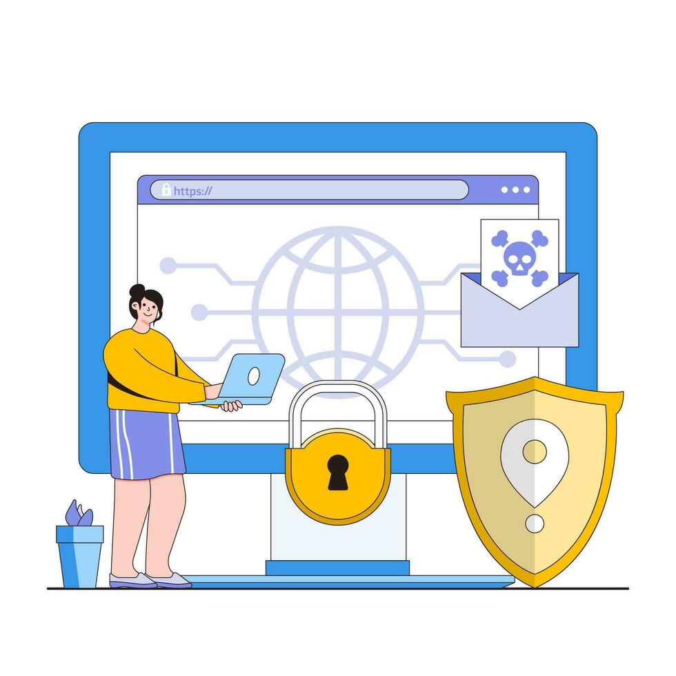 sicuro in linea navigazione vettore illustrazione concetto con personaggi. ragnatela navigazione sicurezza, phishing prevenzione, sicuro sito web utilizzo. moderno piatto stile per atterraggio pagina, ragnatela striscione, infografica