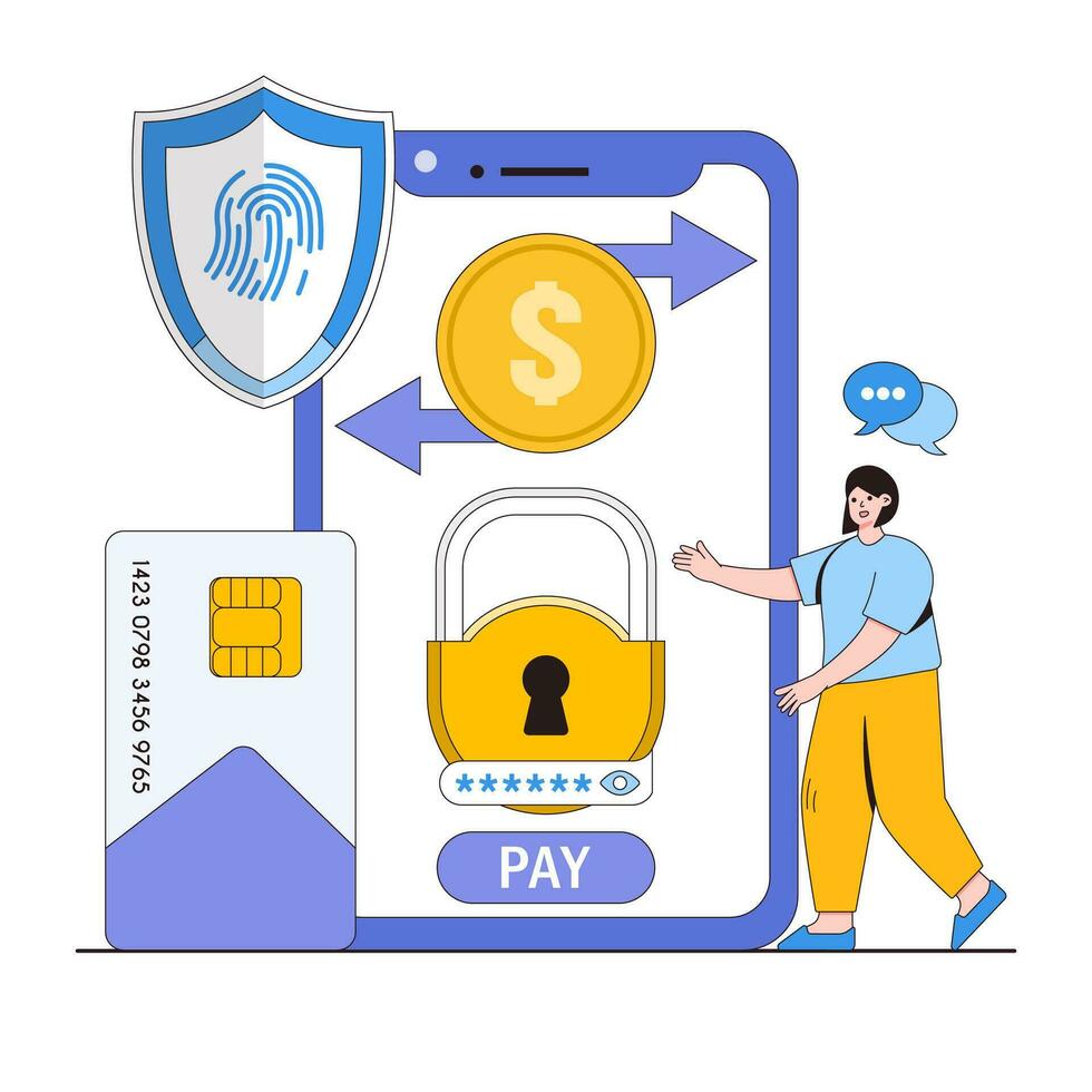 sicuro pagamento transazioni vettore illustrazione concetto con personaggi. pagamento gateway, criptato transazioni, frode prevenzione. moderno piatto stile per atterraggio pagina, ragnatela striscione, infografica