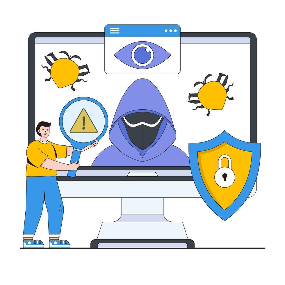 informatica minaccia rivelazione vettore illustrazione concetto con personaggi. il malware rilevamento, tempo reale minaccia monitoraggio, informatica difesa. moderno piatto stile per atterraggio pagina, ragnatela striscione, infografica