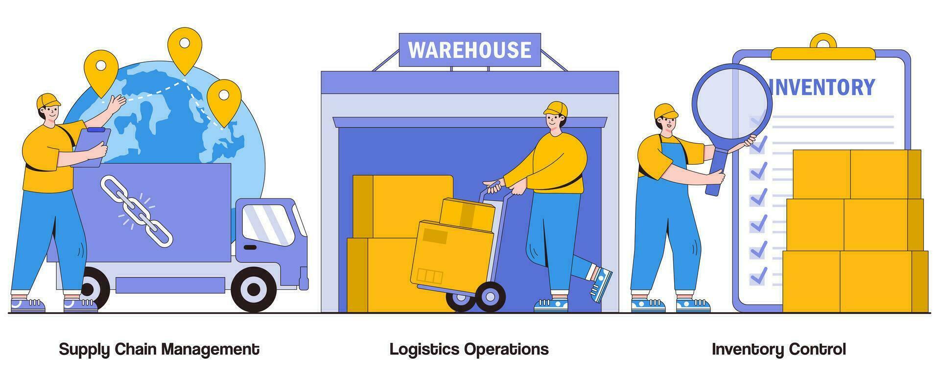 fornitura catena gestione, la logistica operazioni, inventario controllo concetto con carattere. efficiente fornitura catena astratto vettore illustrazione impostare. snella operazioni metafora