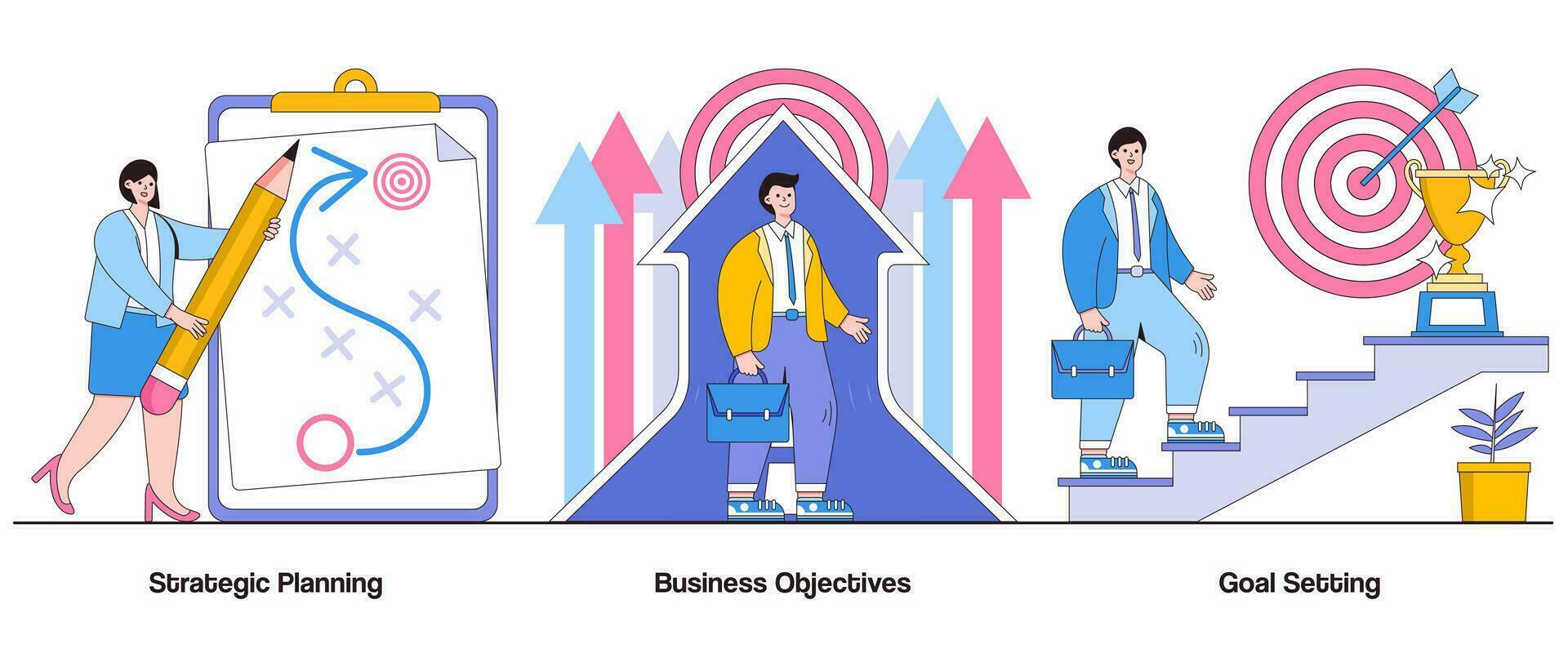 strategico pianificazione, attività commerciale obiettivi, obbiettivo ambientazione concetto con carattere. attività commerciale strategia astratto vettore illustrazione impostare. visionario comando, strategico implementazione, attività commerciale successo