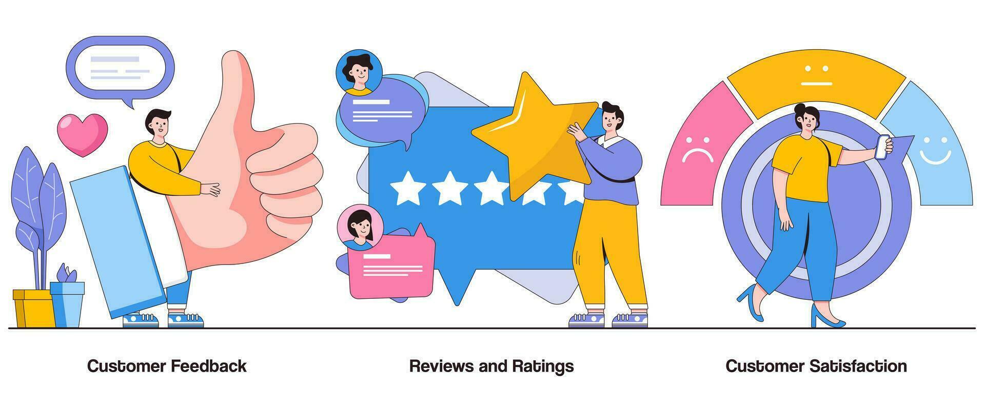 cliente feedback, recensioni e giudizi, cliente soddisfazione sondaggi concetto con carattere. cliente risposta ciclo continuo astratto vettore illustrazione impostare. continuo miglioramento, marca lealtà metafora