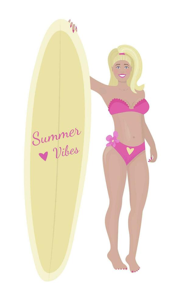 bionda surfer nel costume da bagno, donna con tavola a vela illustrazione vettore
