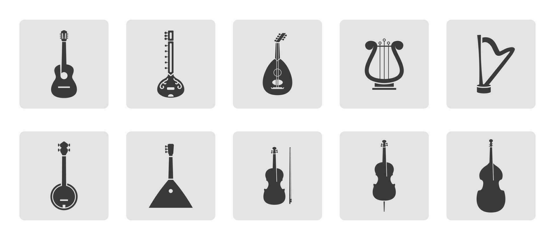 corda strumenti icona impostare. chitarra, violino, violoncello, liuto, arpa, lira, bangio sitar, balalaica silhouette cartello icona simbolo pittogramma vettore illustrazione