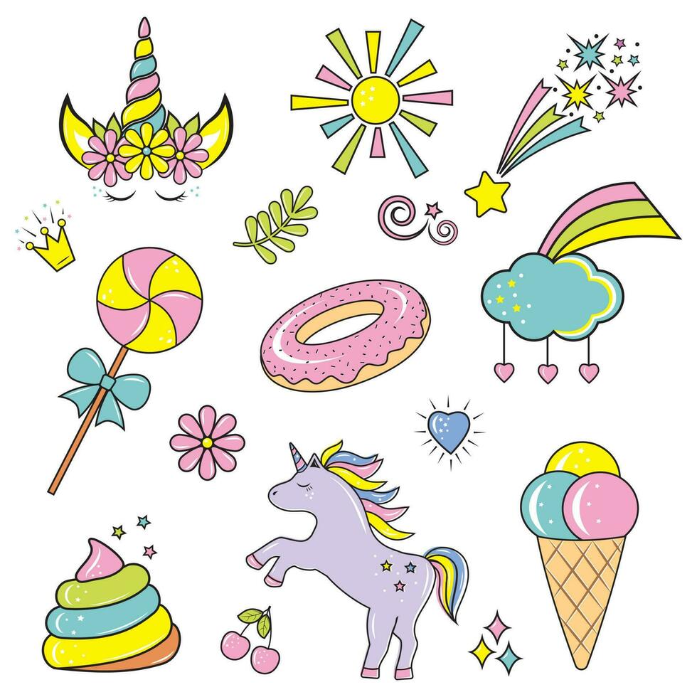 collezione di kawaii unicorno, arcobaleno, stella, cupcake, ghiaccio crema, Magia bacchetta, corona, dolce vettore