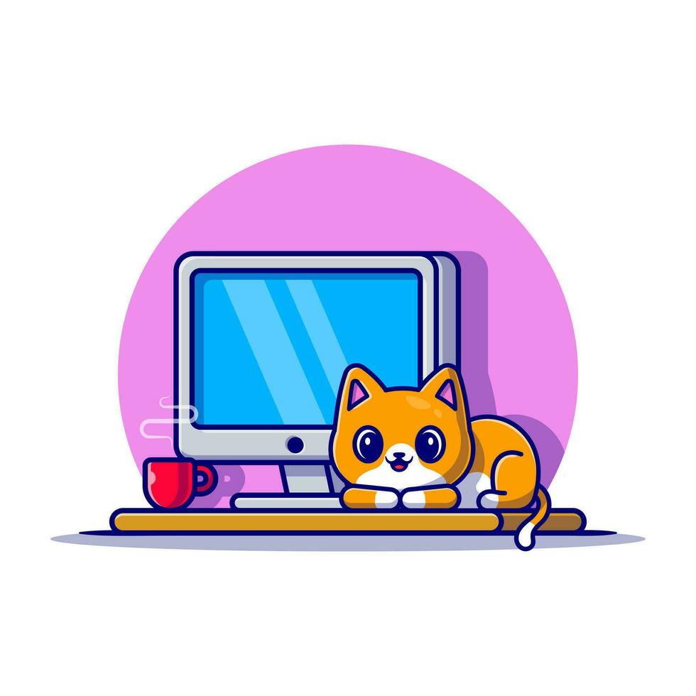 carino gatto e computer cartone animato icona vettore illustrazione. concetto di icona di tecnologia animale isolato vettore premium. stile cartone animato piatto