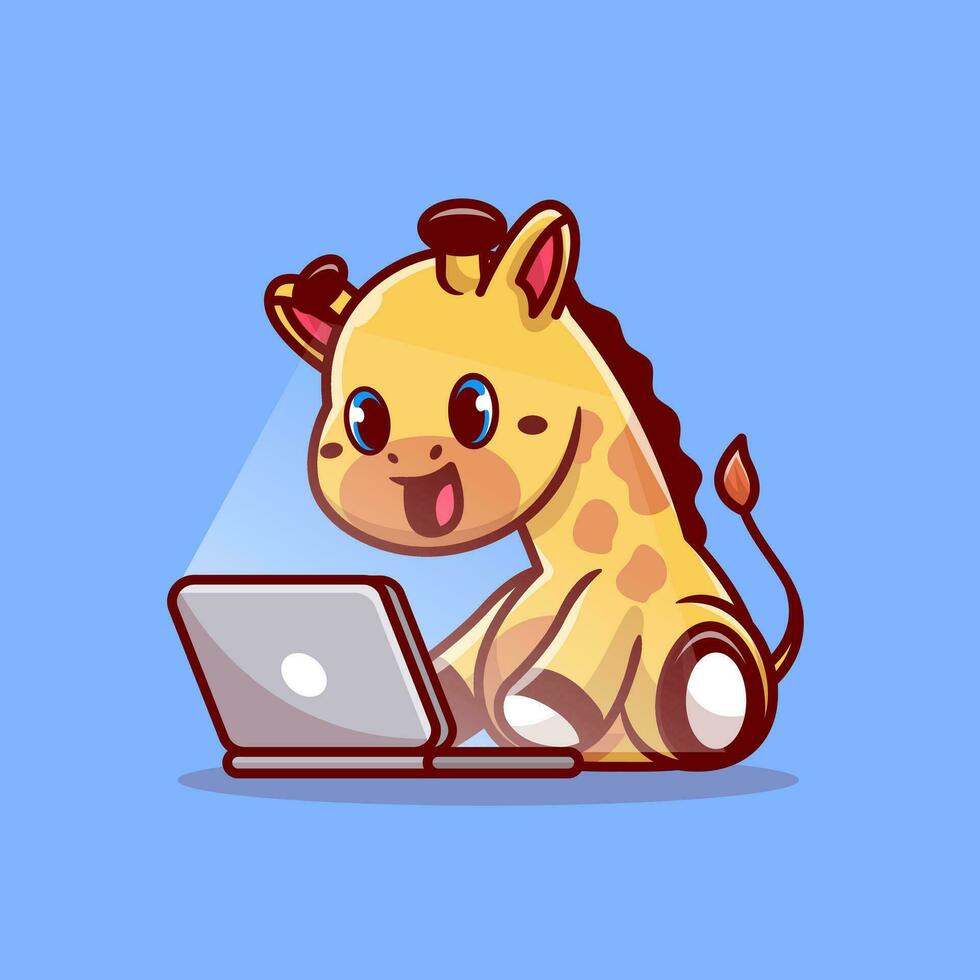 illustrazione sveglia dell'icona di vettore del fumetto del computer portatile del funzionamento della giraffa. concetto di icona di tecnologia animale isolato vettore premium. stile cartone animato piatto
