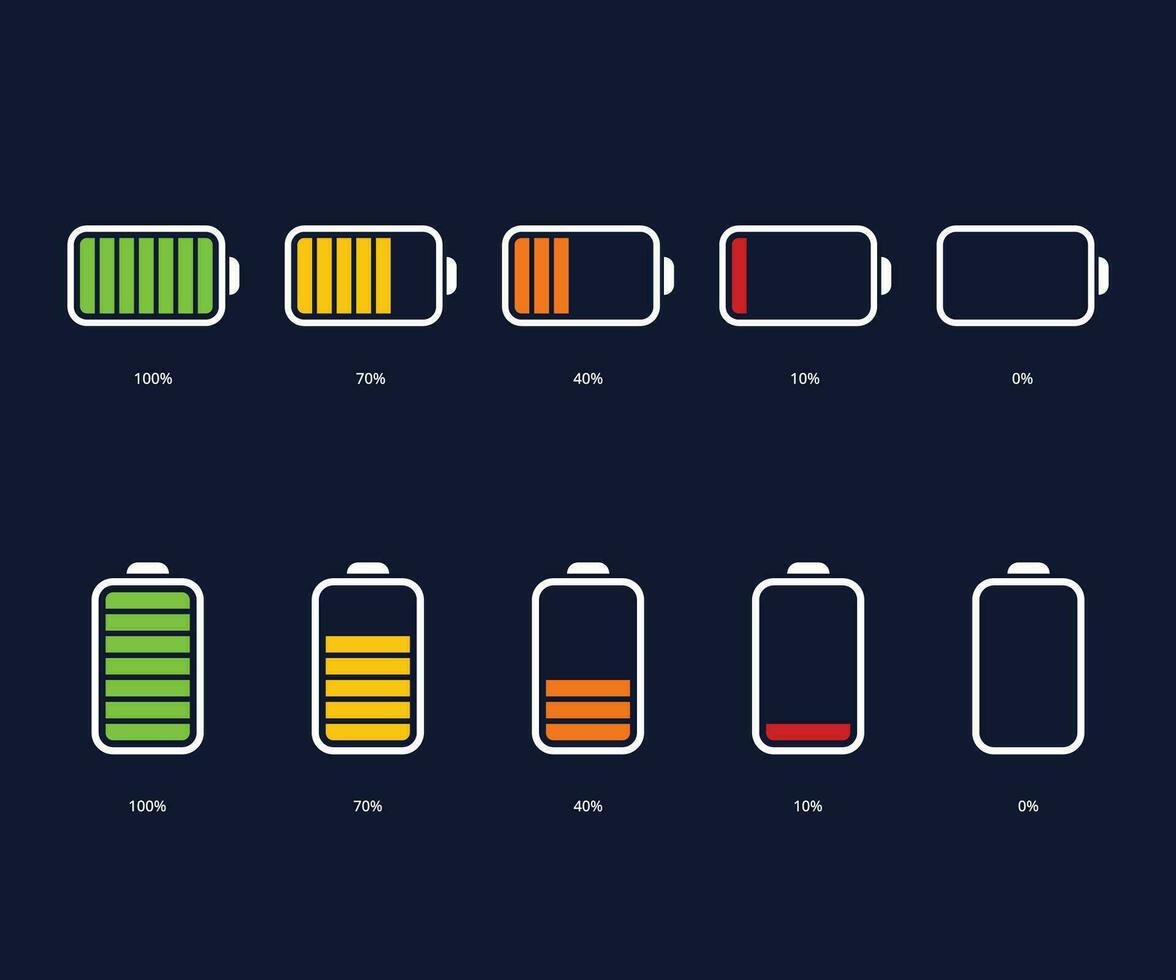 batteria vettore icone. batteria caricare livello. Telefono caricare indicatore. batteria energia percentuale, a partire dal Basso per pieno ricarica