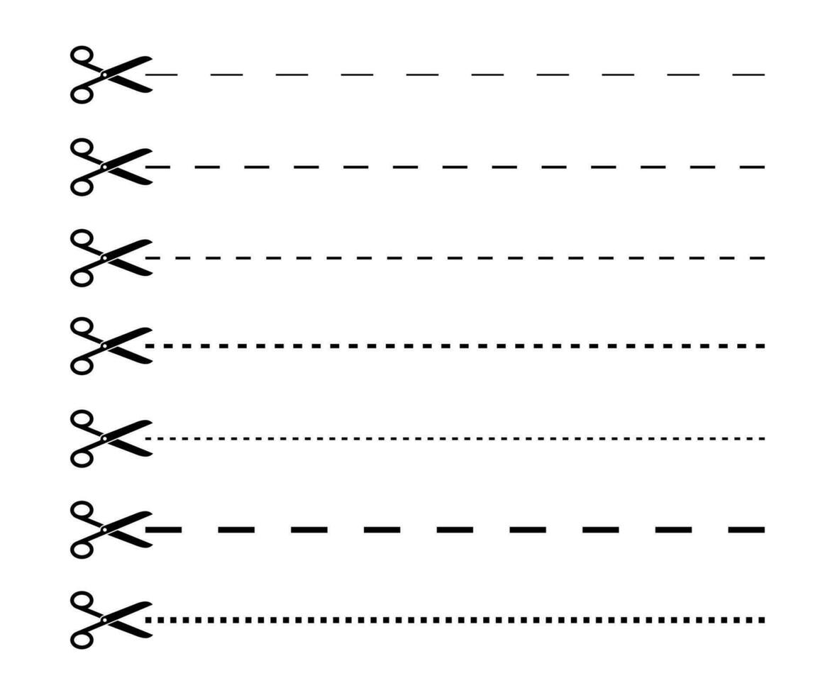 impostato di forbici con tagliare Linee. nero forbici taglio vettore icone.