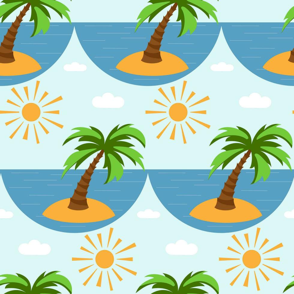 vettore senza soluzione di continuità modello con palma albero, mare e sole. estate modello nel un' piatto stile. estate Stampa.