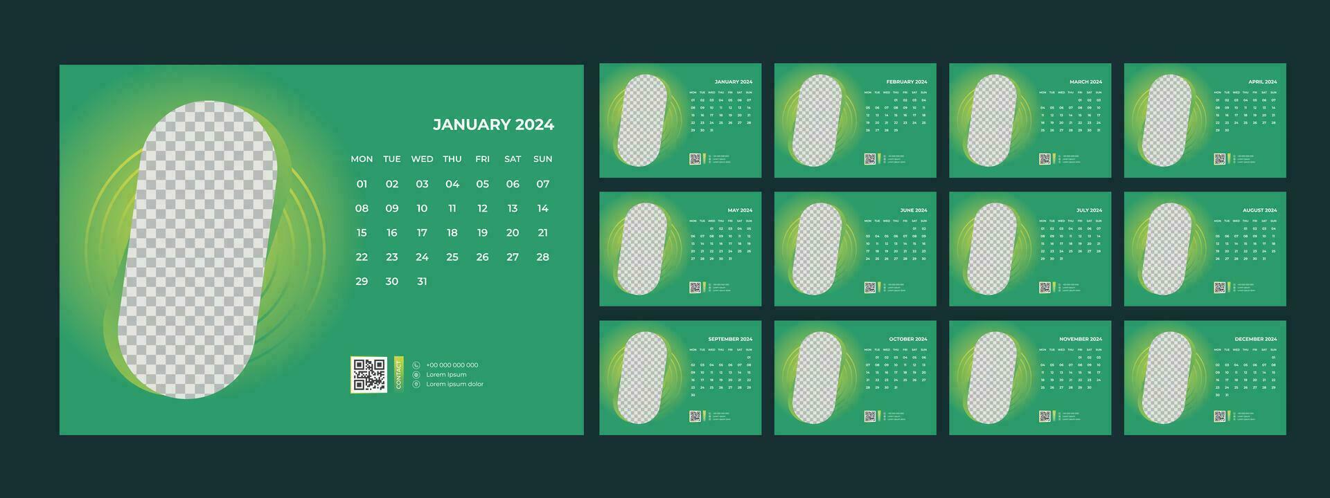 calendario, 2024, scrivania, modello, design vettore