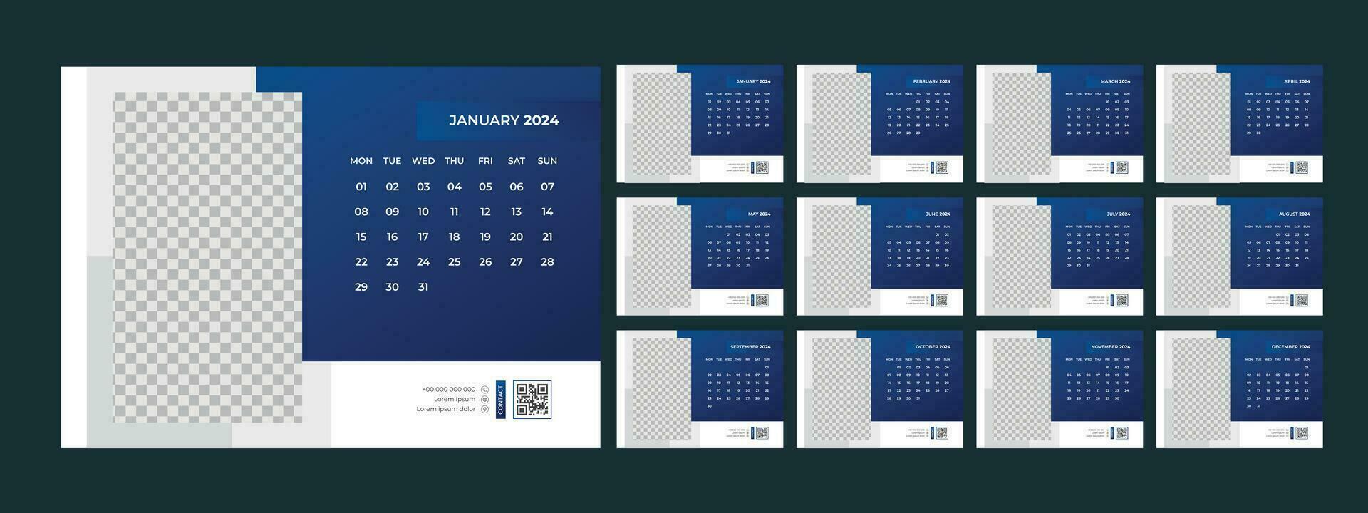 calendario, 2024, scrivania, modello, design vettore