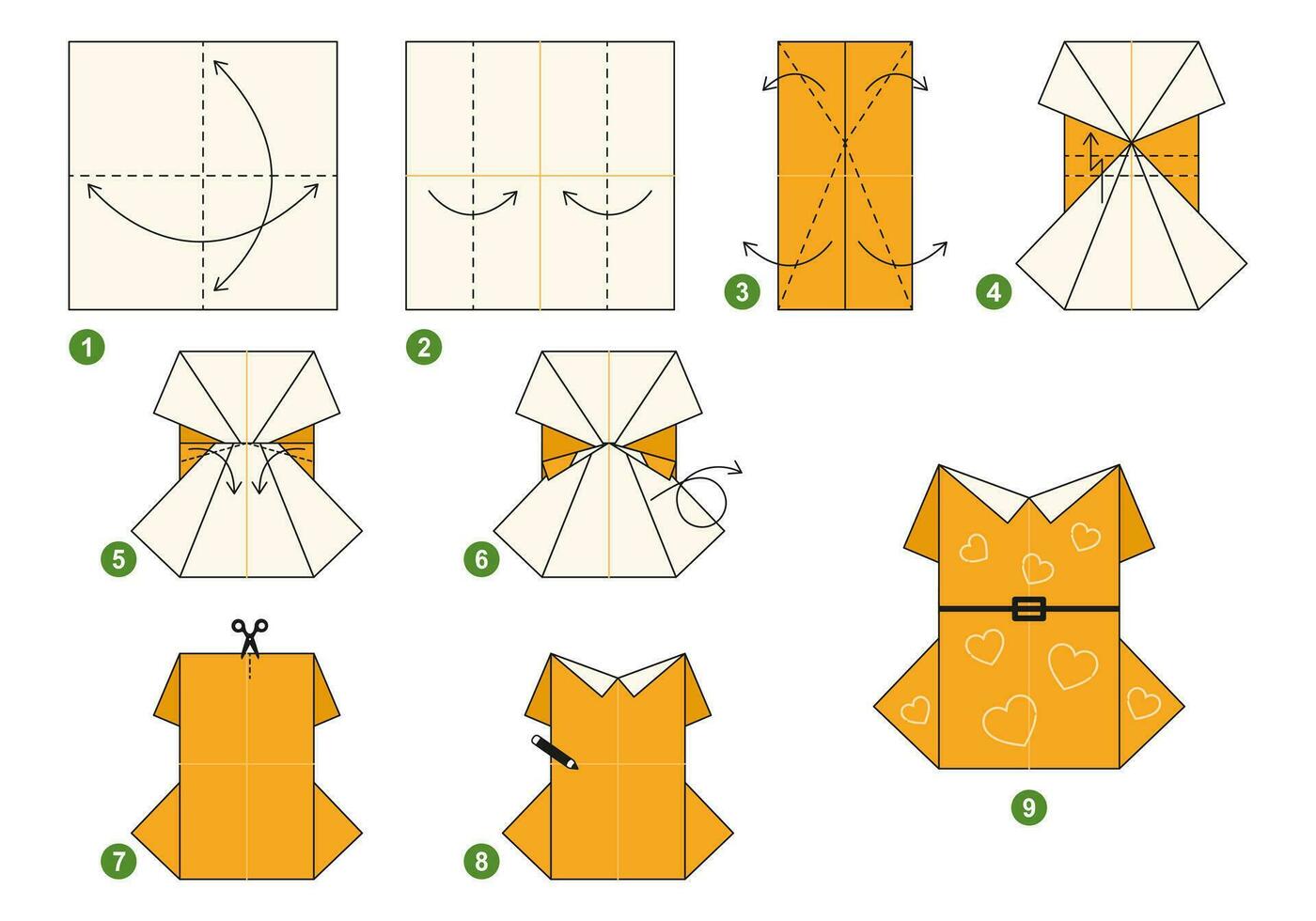 vestito origami schema lezione in movimento modello. origami per bambini. passo di passo Come per rendere un' carino origami stoffa per donne. vettore illustrazione.