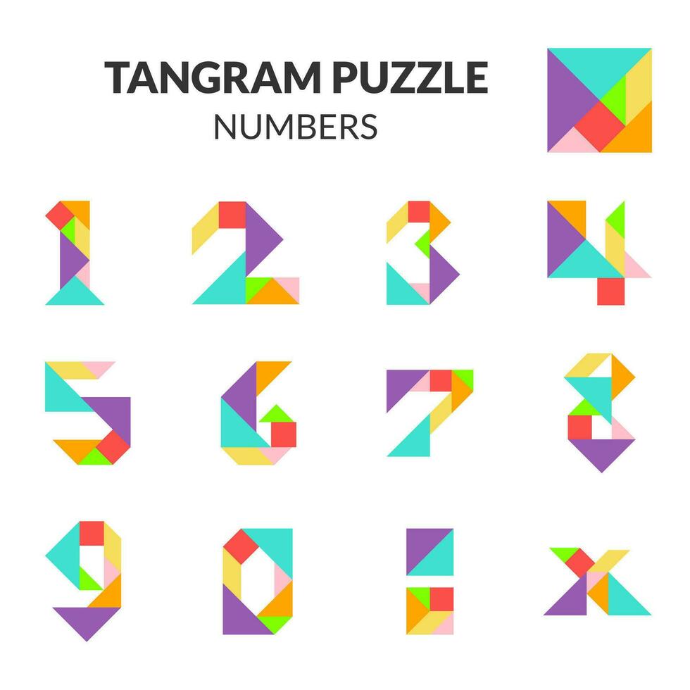 isolato vettore numeri. colorato tangram puzzle gioco per bambini. impostato di colorato e giocoso numeri zero per dieci numerico. vettore illustrazione