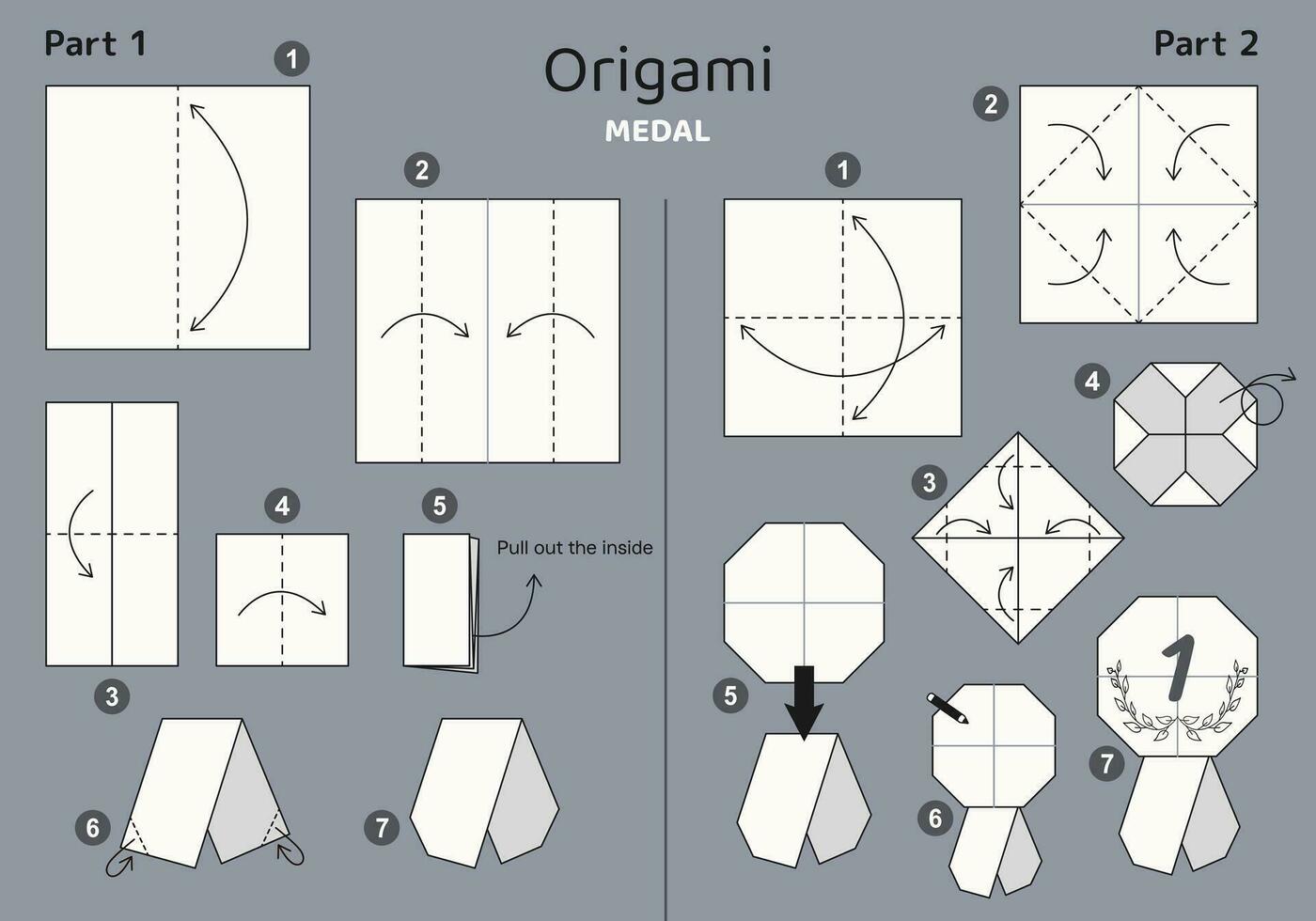 medaglia origami schema lezione in movimento modello su grigio sfondo. origami per bambini. passo di passo Come per rendere un' carino origami medaglia. vettore illustrazione.