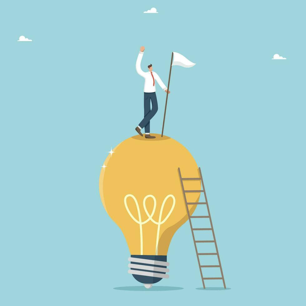 creativo pensiero e di brainstorming per raggiungere obiettivi, nuovo attività commerciale idee per profitto, innovativo idee per grande successo, logica e intelligenza per risolvere i problemi, uomo sta con un' bandiera su leggero lampadina. vettore