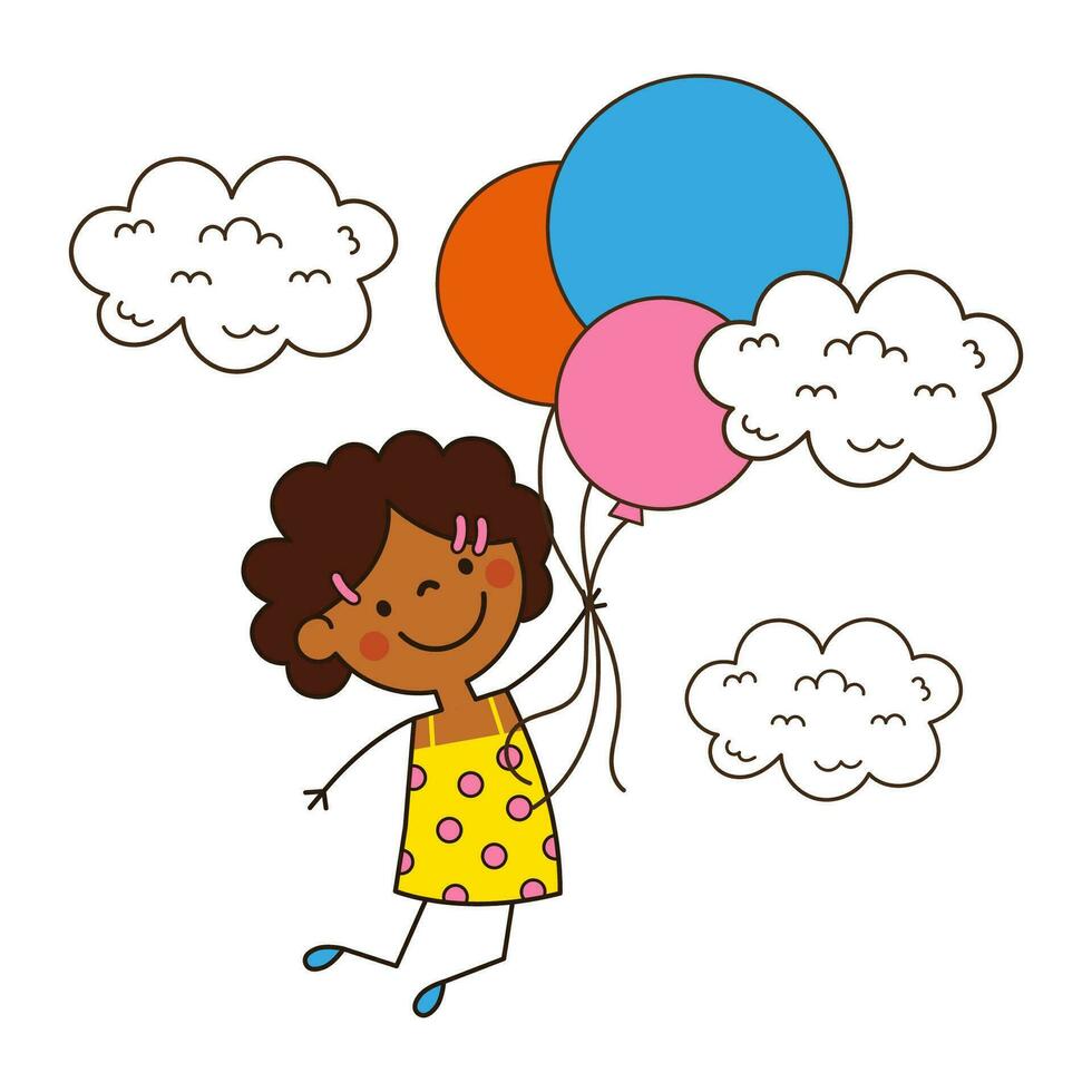 contento cartone animato poco ragazza volante su colorato palloncini vicino il nuvole nel scarabocchio stile vettore