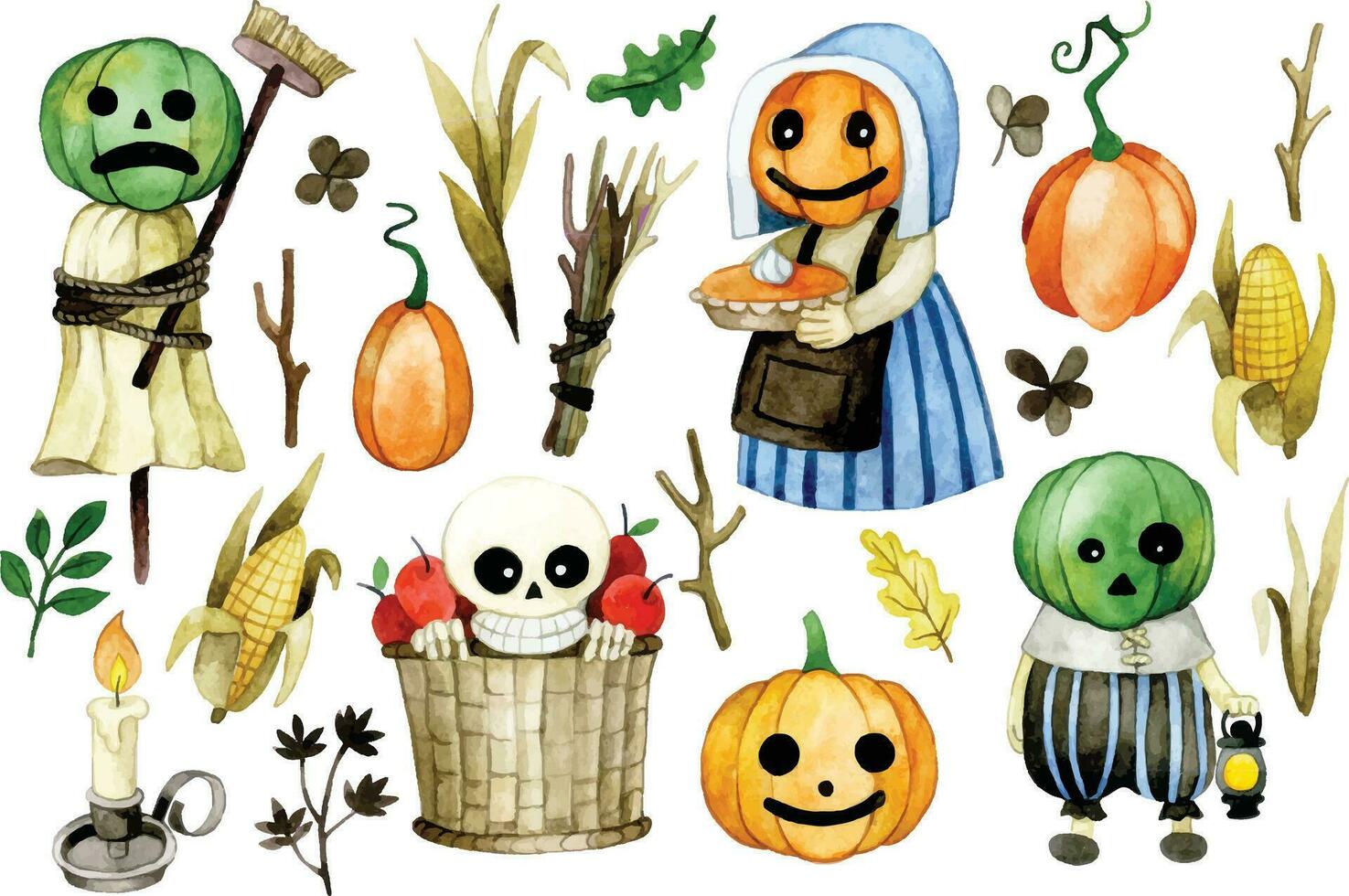 acquerello disegno. impostato di carino personaggi e elementi per Halloween. vacanza decorazione per bambini, Vintage ▾ stile illustrazione vettore