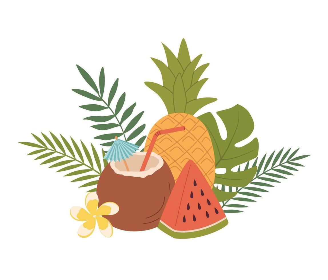 Noce di cocco cocktail, ananas e anguria con tropicale le foglie vettore illustrazione. estate bevanda e frutta. decorazione per sbarra, menù, striscione, Stampa