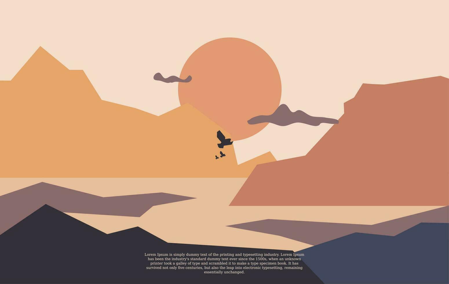 illustrazione di un' minimalista paesaggio con un' orizzontale Visualizza di un' montagna, uccelli, Luna e lago, adatto per parete arte eccetera. piatto design stile. digitale disegno vettore