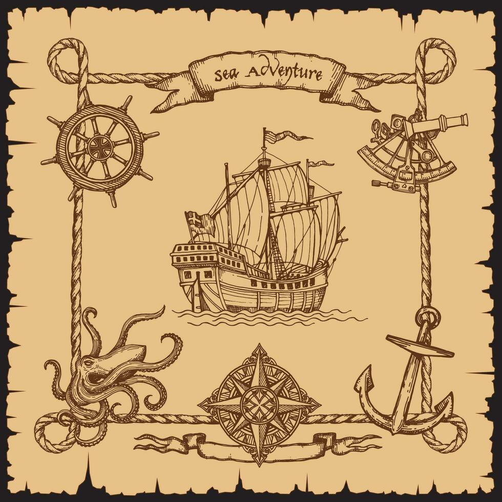 Vintage ▾ pirata nave nave con corda telaio confine vettore