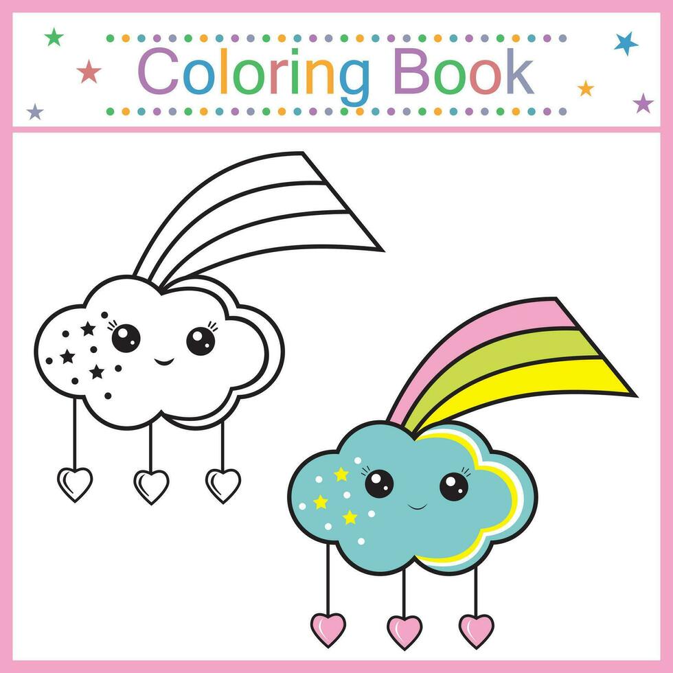 colorazione libro per bambini nube con arcobaleno kawaii, vettore isolato illustrazione