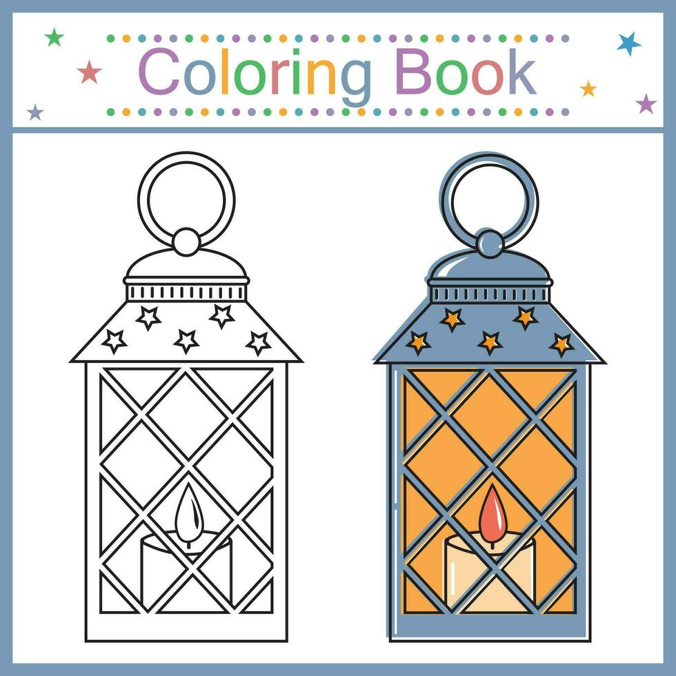 libro da colorare di natale o pagina per bambini. illustrazione vettoriale in bianco e nero della lanterna di natale