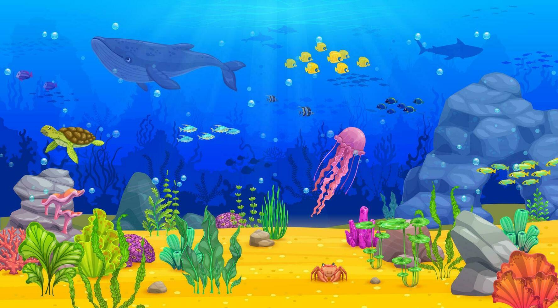 cartone animato subacqueo paesaggio, balena, pesce, alga marina vettore