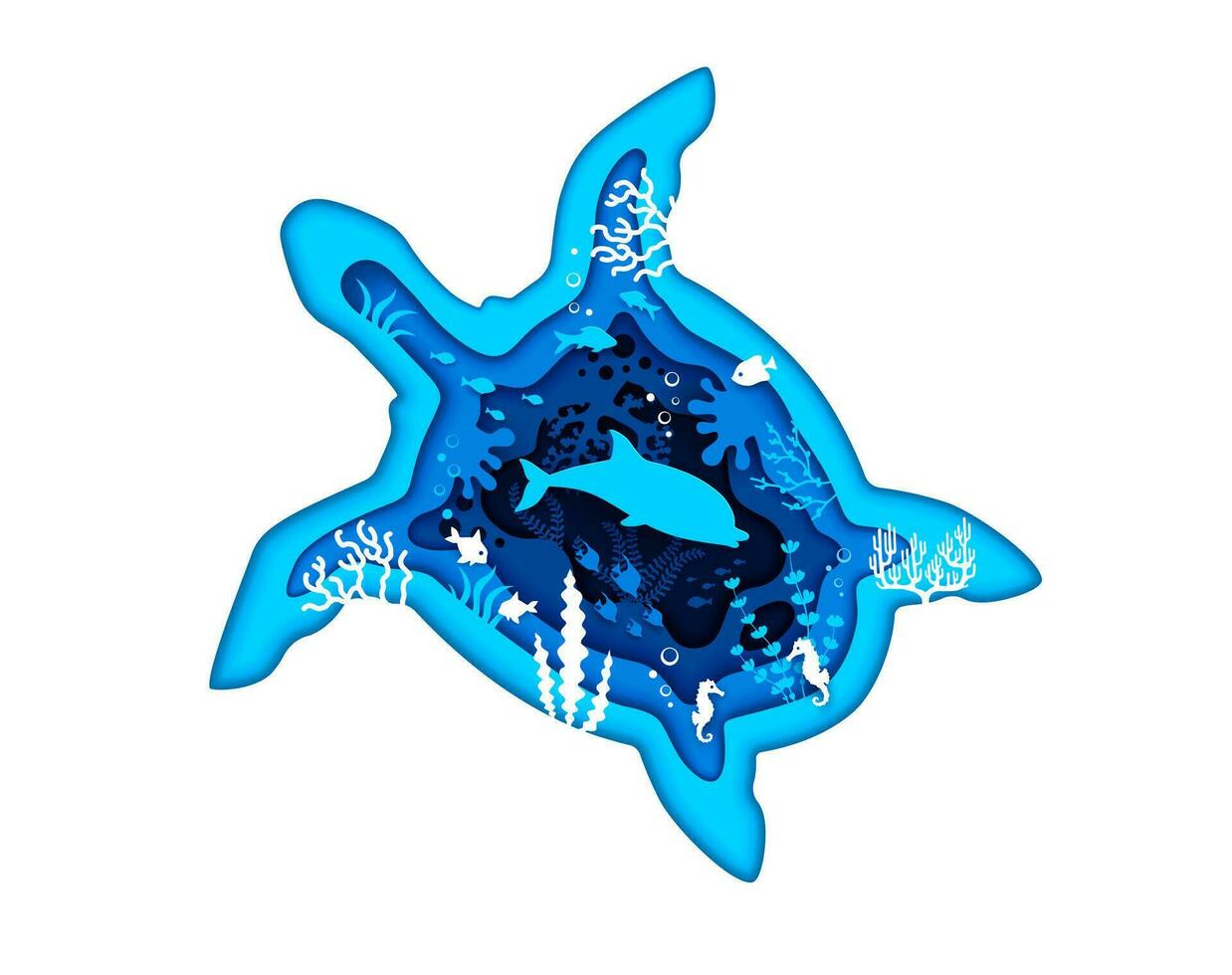 blu tartaruga silhouette con mare papercut paesaggio vettore