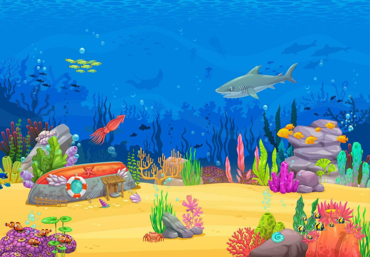 subacqueo cartone animato paesaggio con squalo, barca vettore