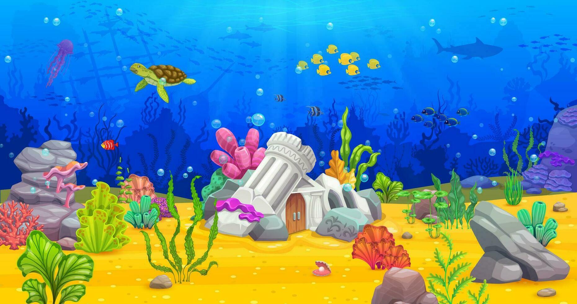gioco livello cartone animato subacqueo paesaggio con rovine vettore