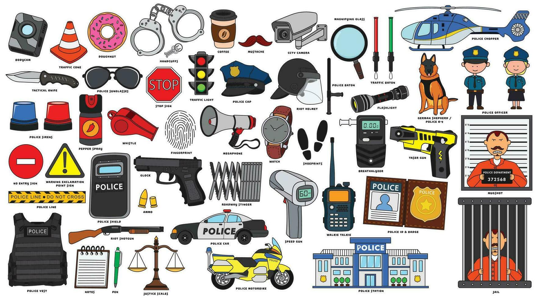 azione illustrazione di polizia ufficiale nel uniforme con Accessori e attrezzature, manette, Ricetrasmittente, polizia aviazione, polizia auto vettore piatto cartone animato isolato impostato